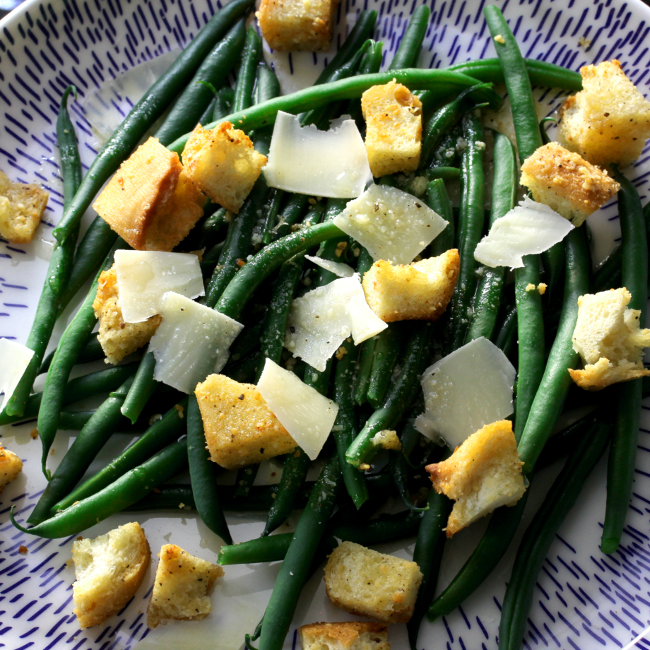 Green Bean Caesar Salad with Black Pepper Parmesan Croutons