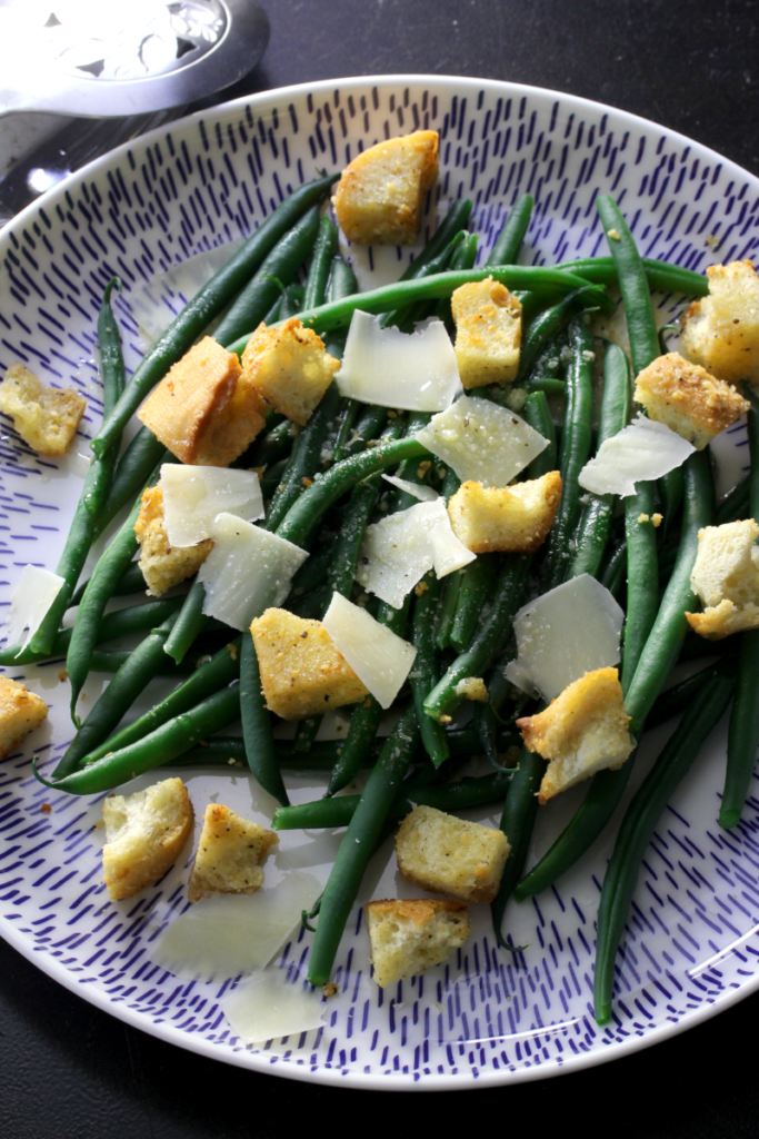 Green Bean Caesar Salad with Black Pepper Parmesan Croutons Teeny