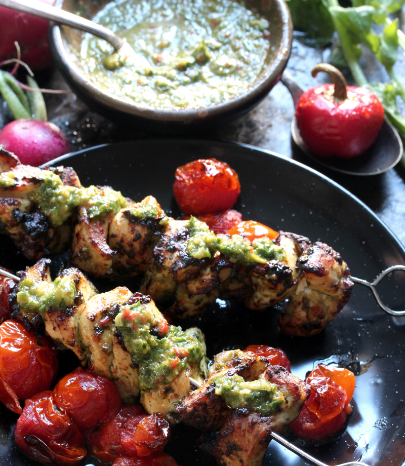 Air fried chimichurri chicken kabobs with air fried cherry tomatoes