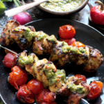 Air fried chimichurri chicken kabobs with air fried cherry tomatoes