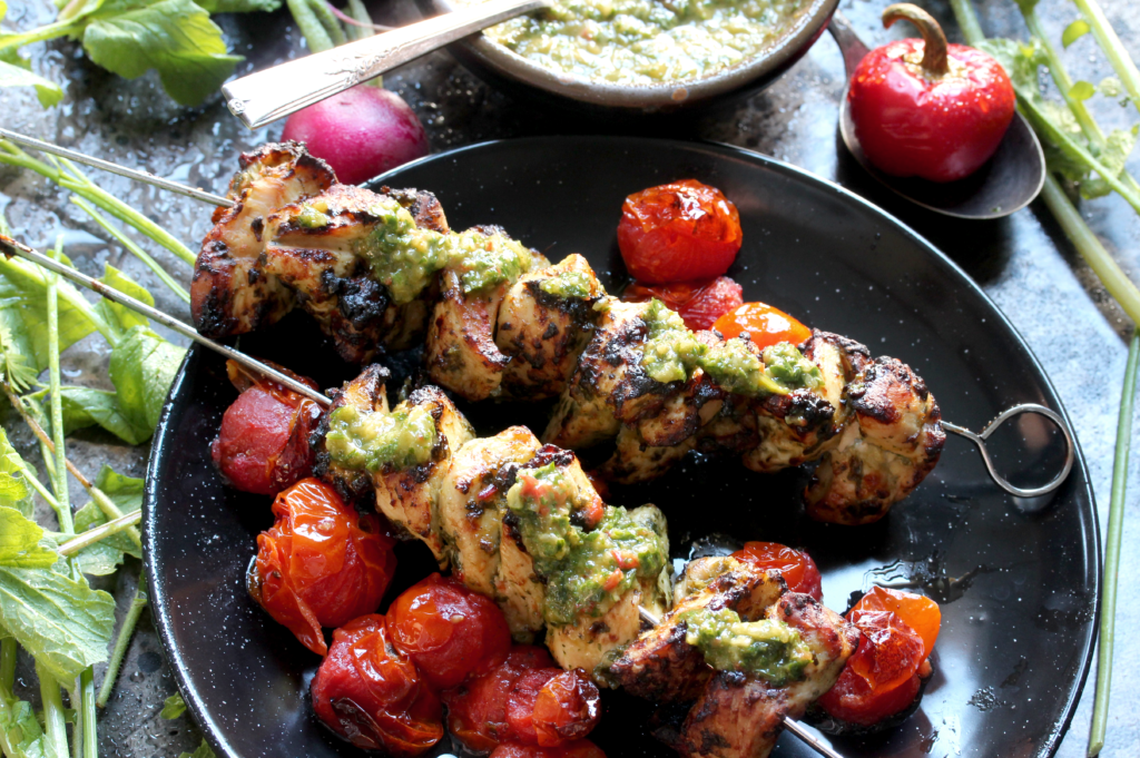 Air fried chicken chimichurri kababs with air fried cherry tomatoes