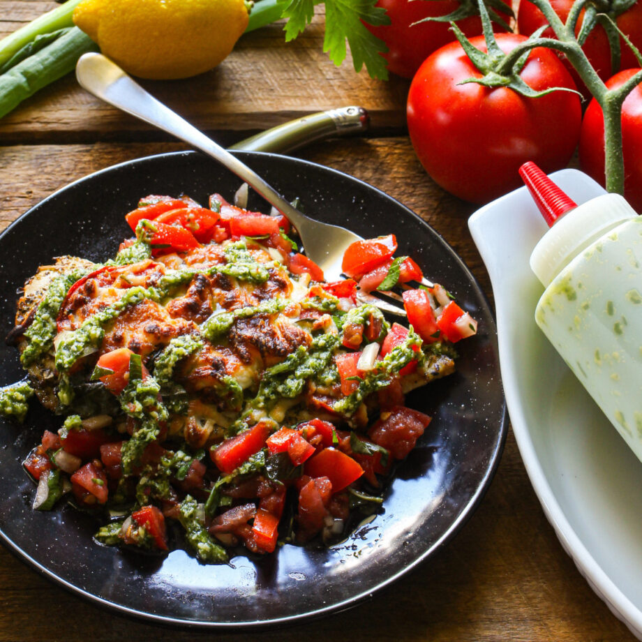 Air Fryer Chicken Caprese with Bruschetta Salad and Scallion Pesto