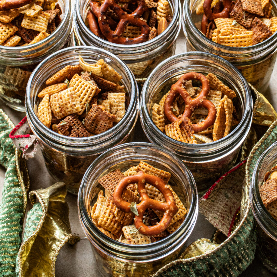 Homemade Chex Mix with Christmas ribbons