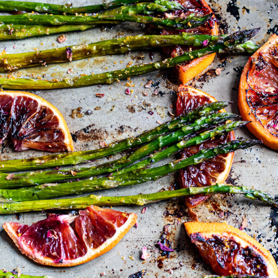 Blood orange asparagus on a sheet pan