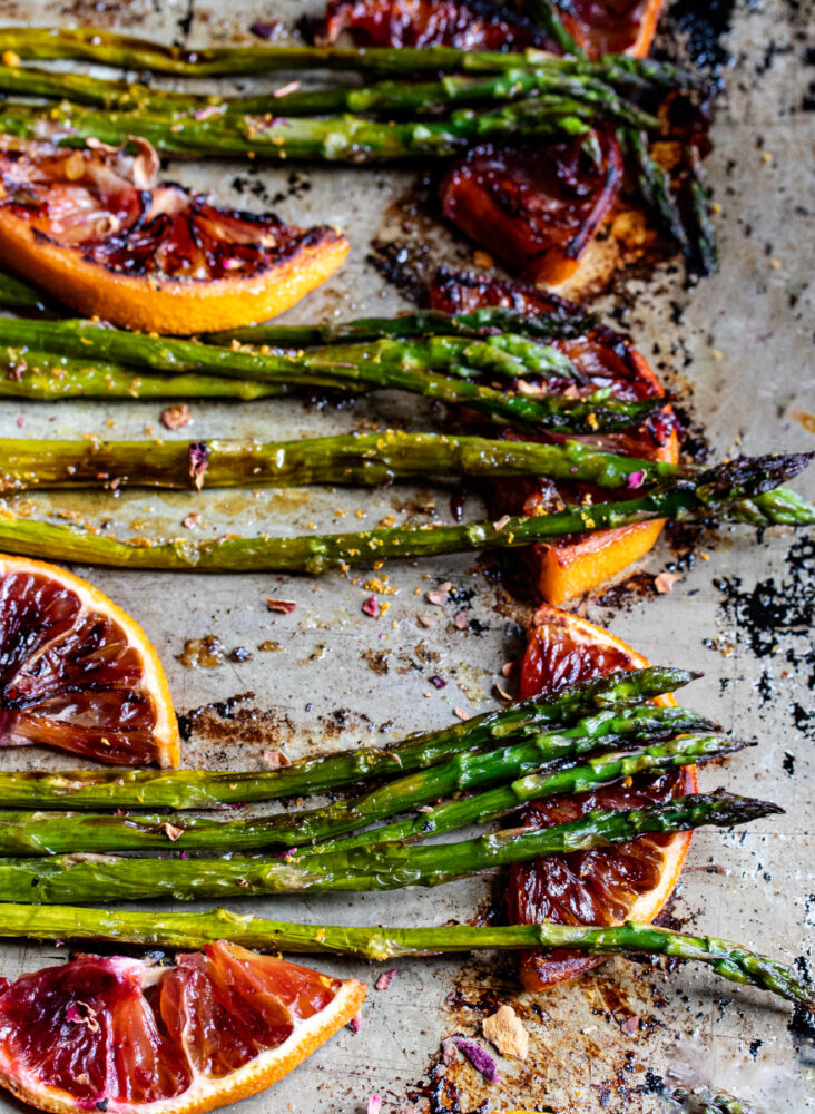 blood orange asparagus on a sheet pan