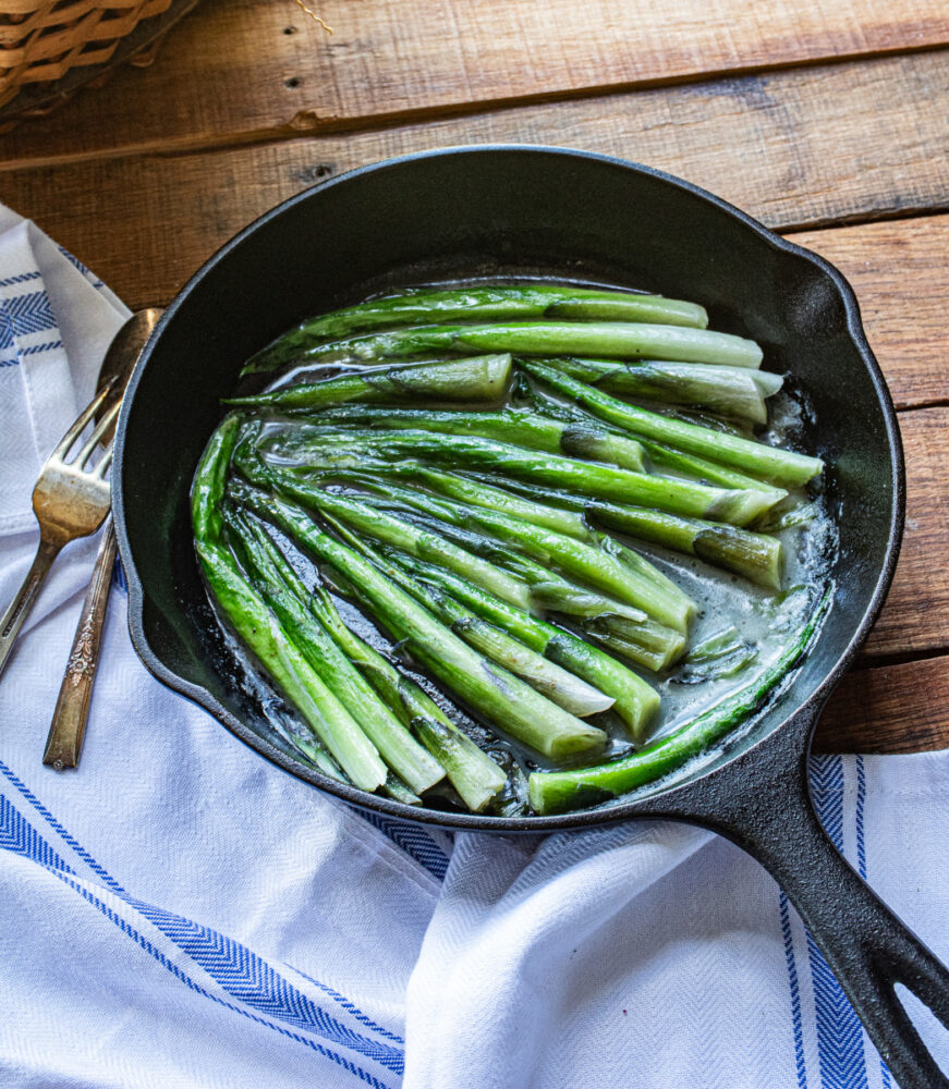 Butter braised hostas in cast iron frying pan
